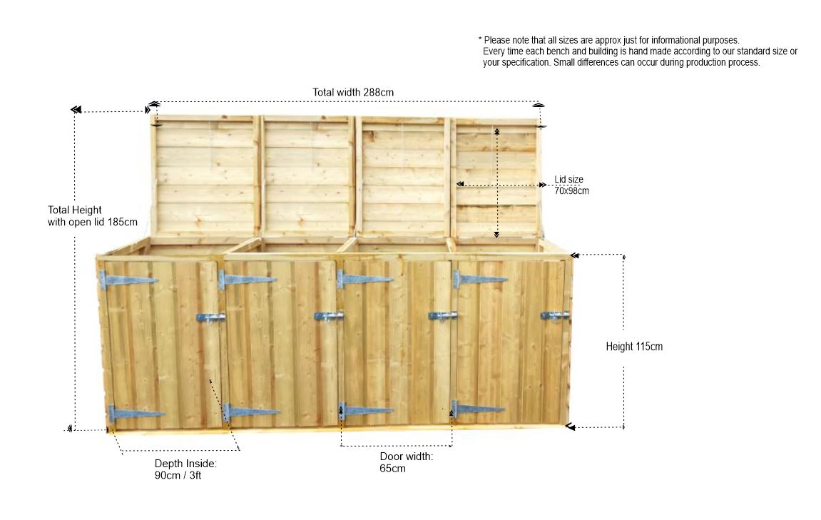 timber storage unit for 4 wheelie bins. Hand made storage units from Craft Garden Sheds